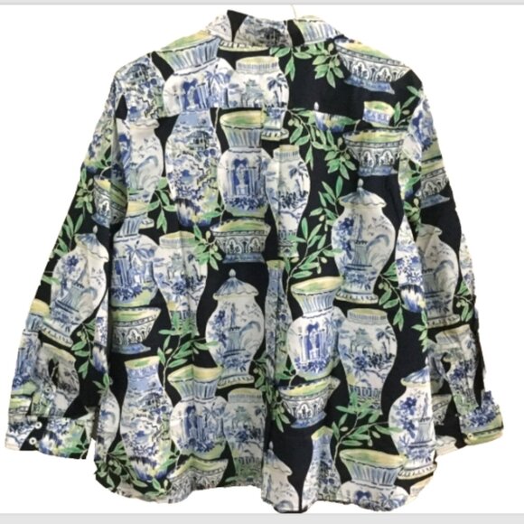 Talbots Women Size XLP Shirt Blouse Top Vases Navy Green White Button Front - Picture 3 of 7